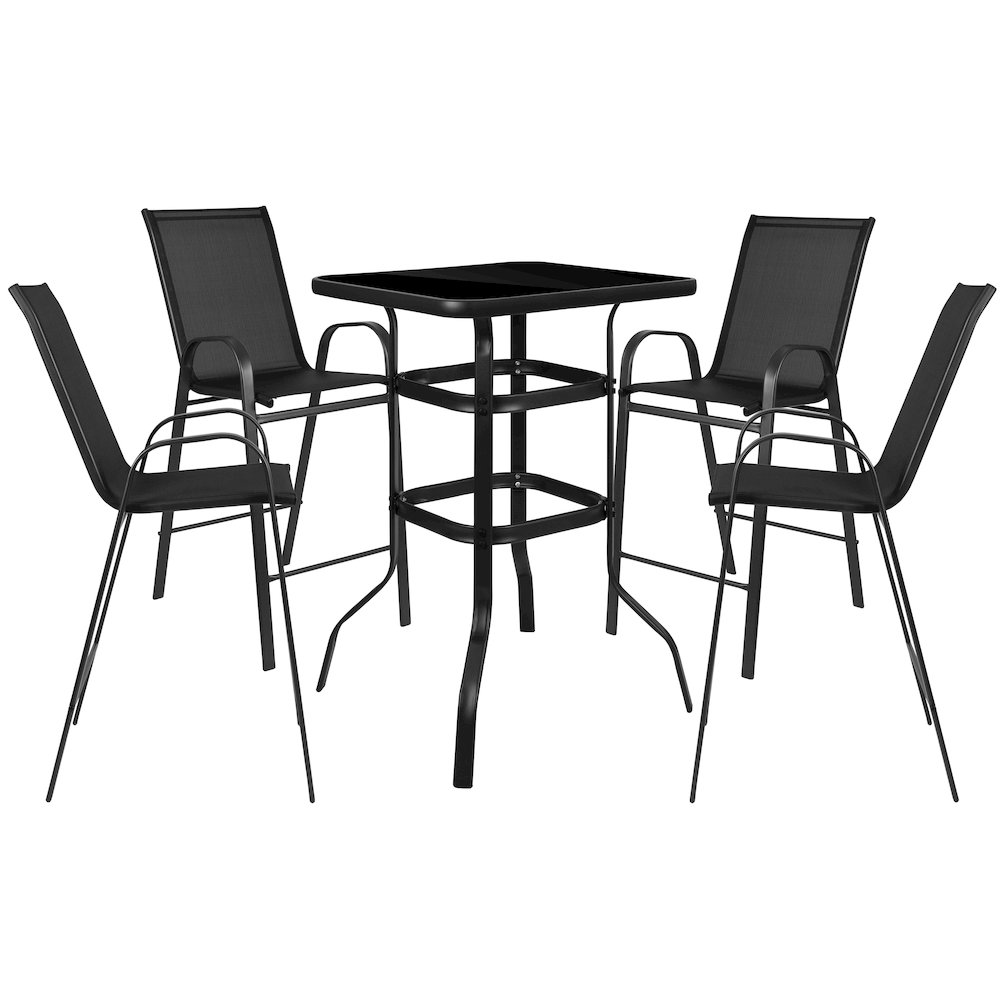 4-Person Bistro Set – Brazos Glass Bar Table with Black Patio Stools