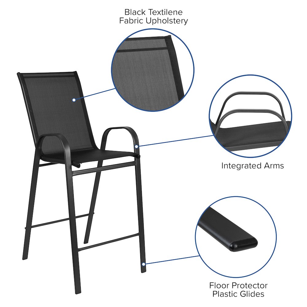 4-Person Bistro Set – Brazos Glass Bar Table with Black Patio Stools
