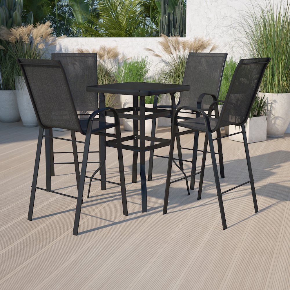 4-Person Bistro Set – Brazos Glass Bar Table with Black Patio Stools