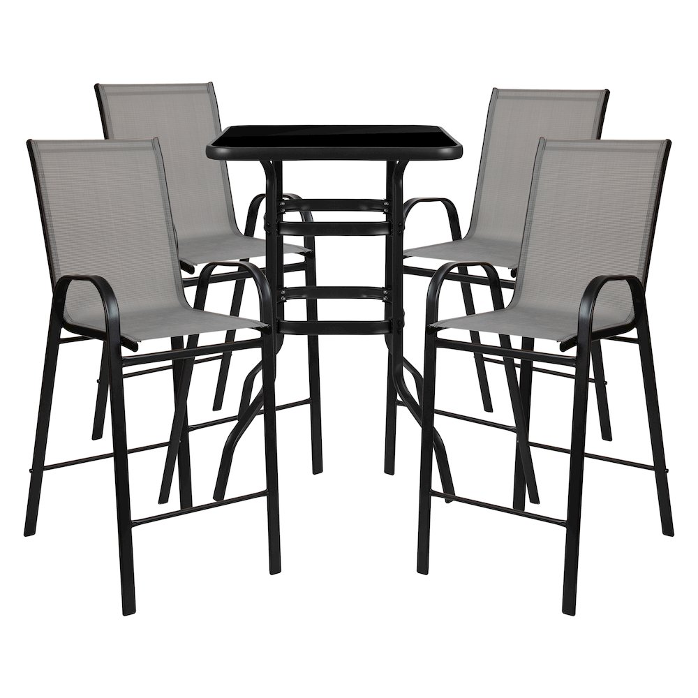 Dining Set – 4-Person Bistro Set – Brazos Glass Bar Table with Gray Patio Stools