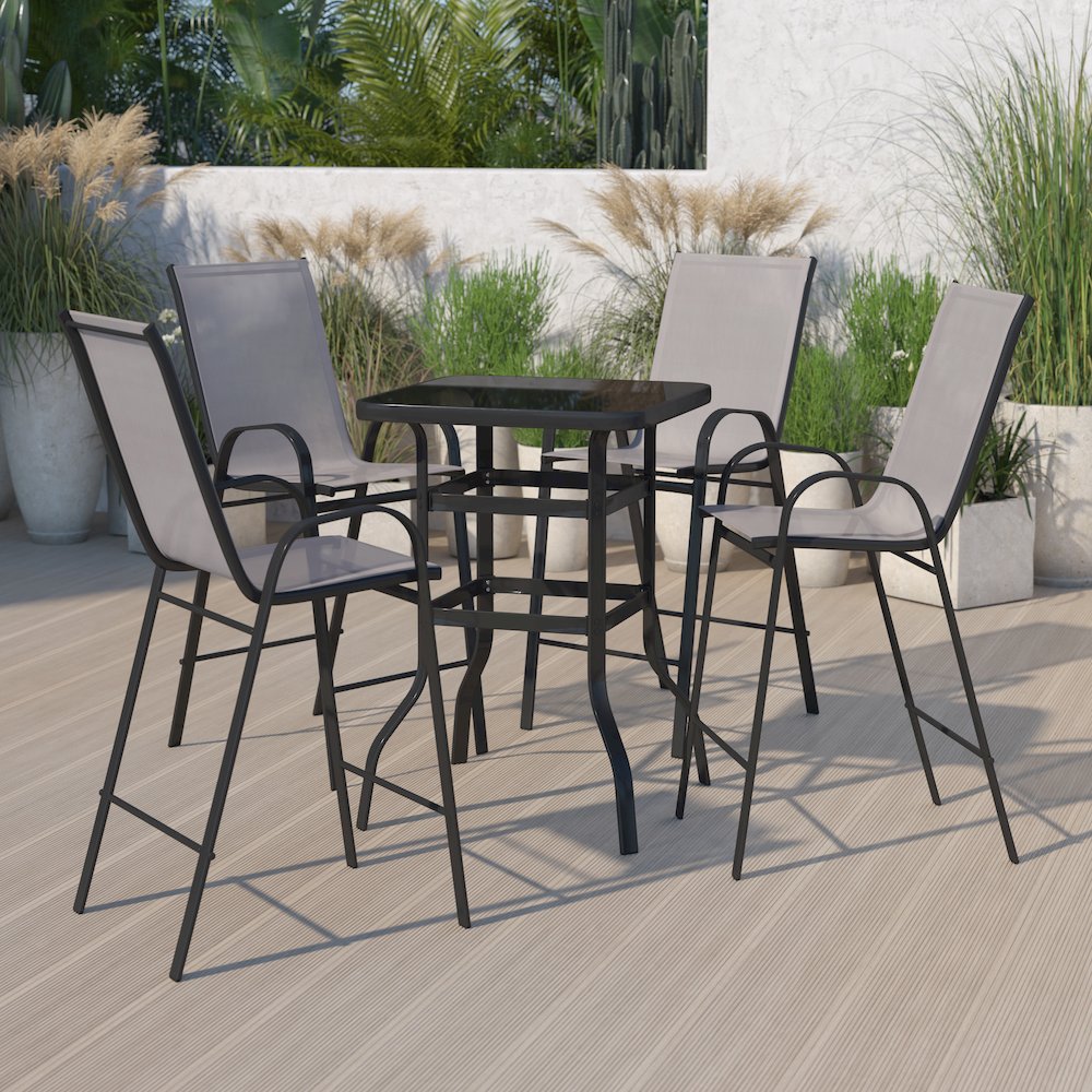 Dining Set – 4-Person Bistro Set – Brazos Glass Bar Table with Gray Patio Stools