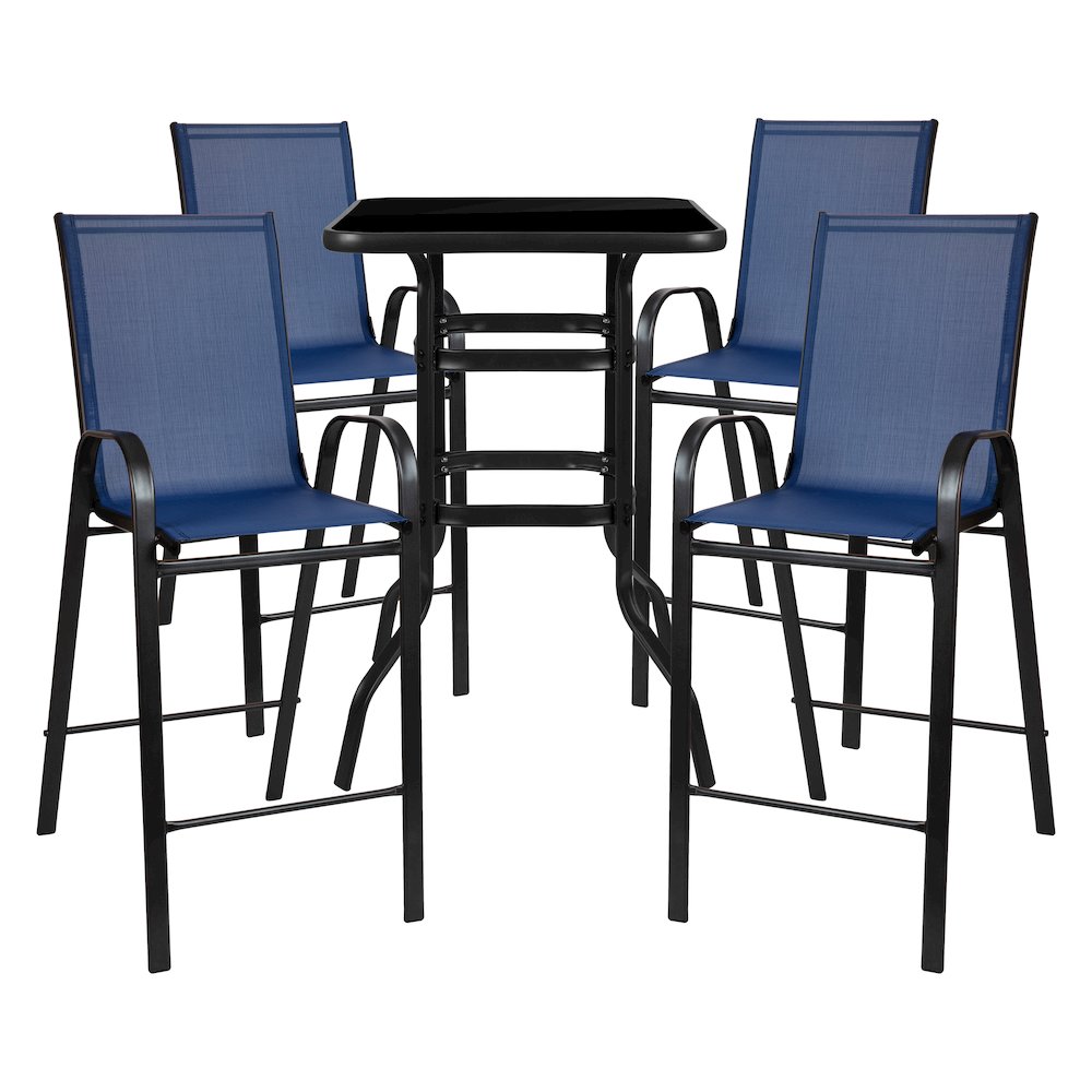 Dining Set – 4-Person Bistro Set – Brazos Glass Bar Table with Navy Patio Stools