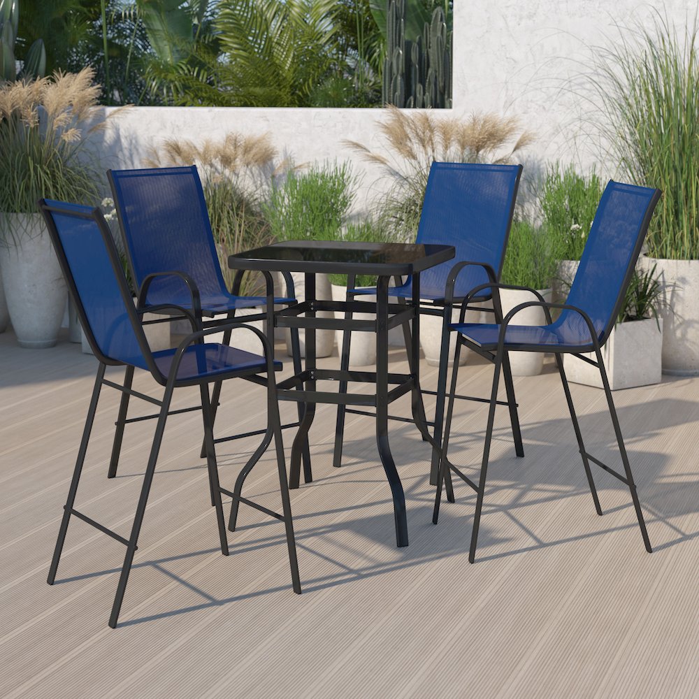 Dining Set – 4-Person Bistro Set – Brazos Glass Bar Table with Navy Patio Stools