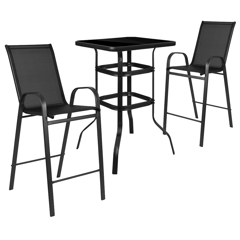 2-Person Bistro Set – Brazos Glass Bar Table with Black Patio Stools