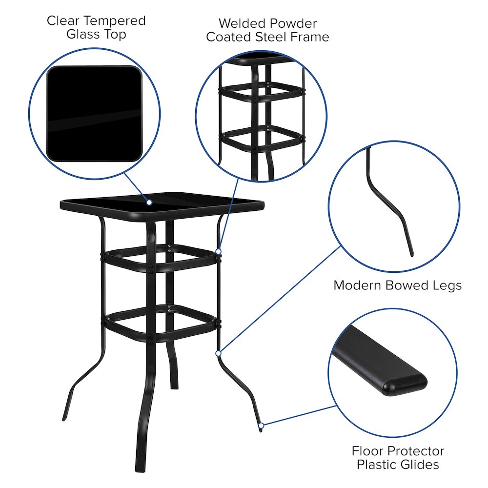 2-Person Bistro Set – Brazos Glass Bar Table with Black Patio Stools