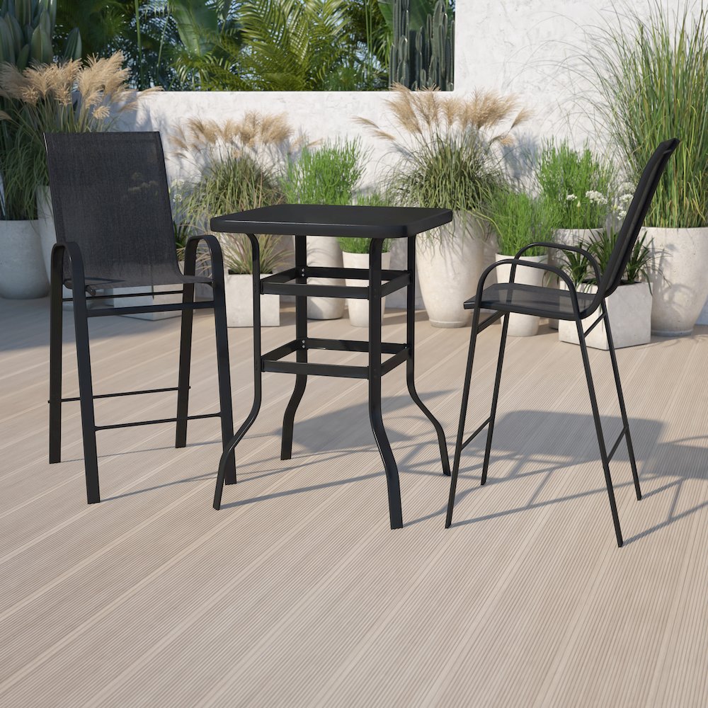 2-Person Bistro Set – Brazos Glass Bar Table with Black Patio Stools