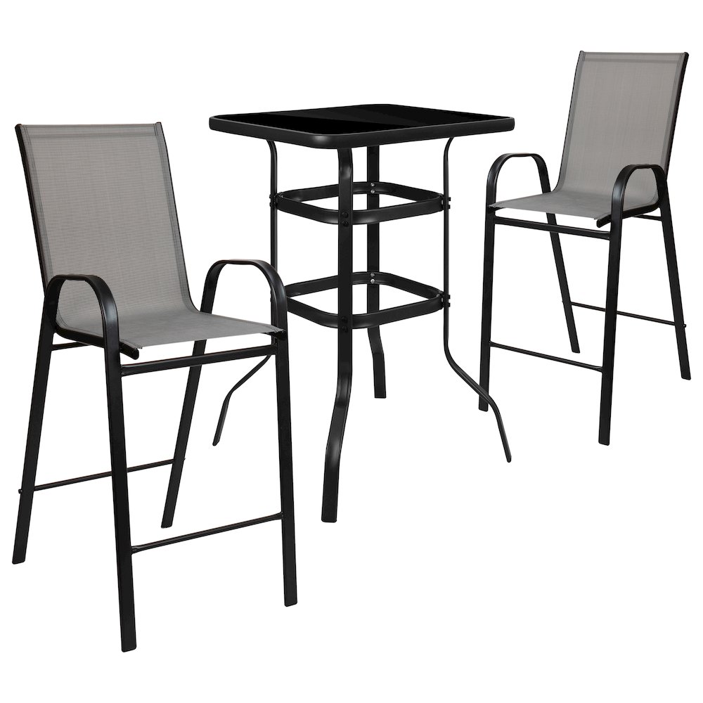 Dining Set – 2-Person Bistro Set – Brazos Glass Bar Table with Gray Patio Stools