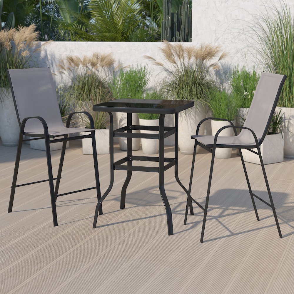 Dining Set – 2-Person Bistro Set – Brazos Glass Bar Table with Gray Patio Stools