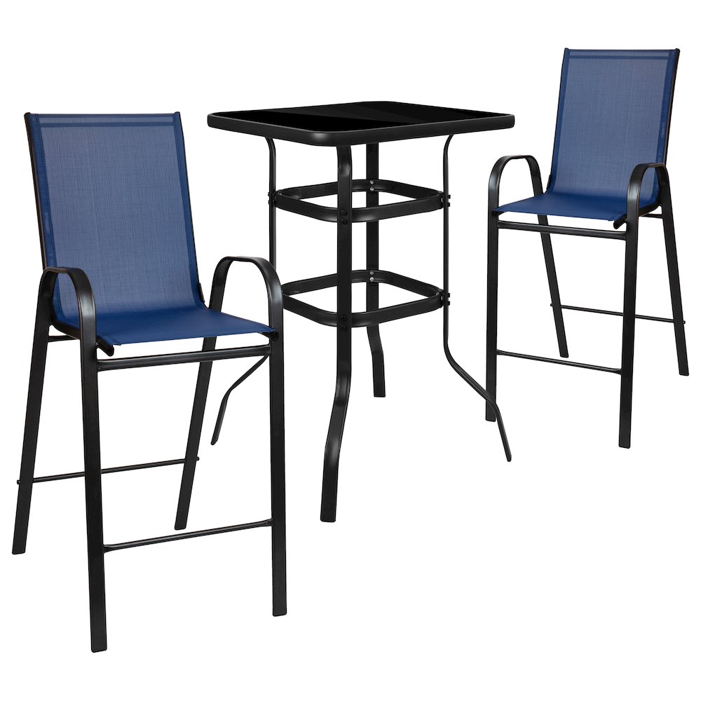Dining Set – 2-Person Bistro Set – Brazos Glass Bar Table with Navy Patio Stools