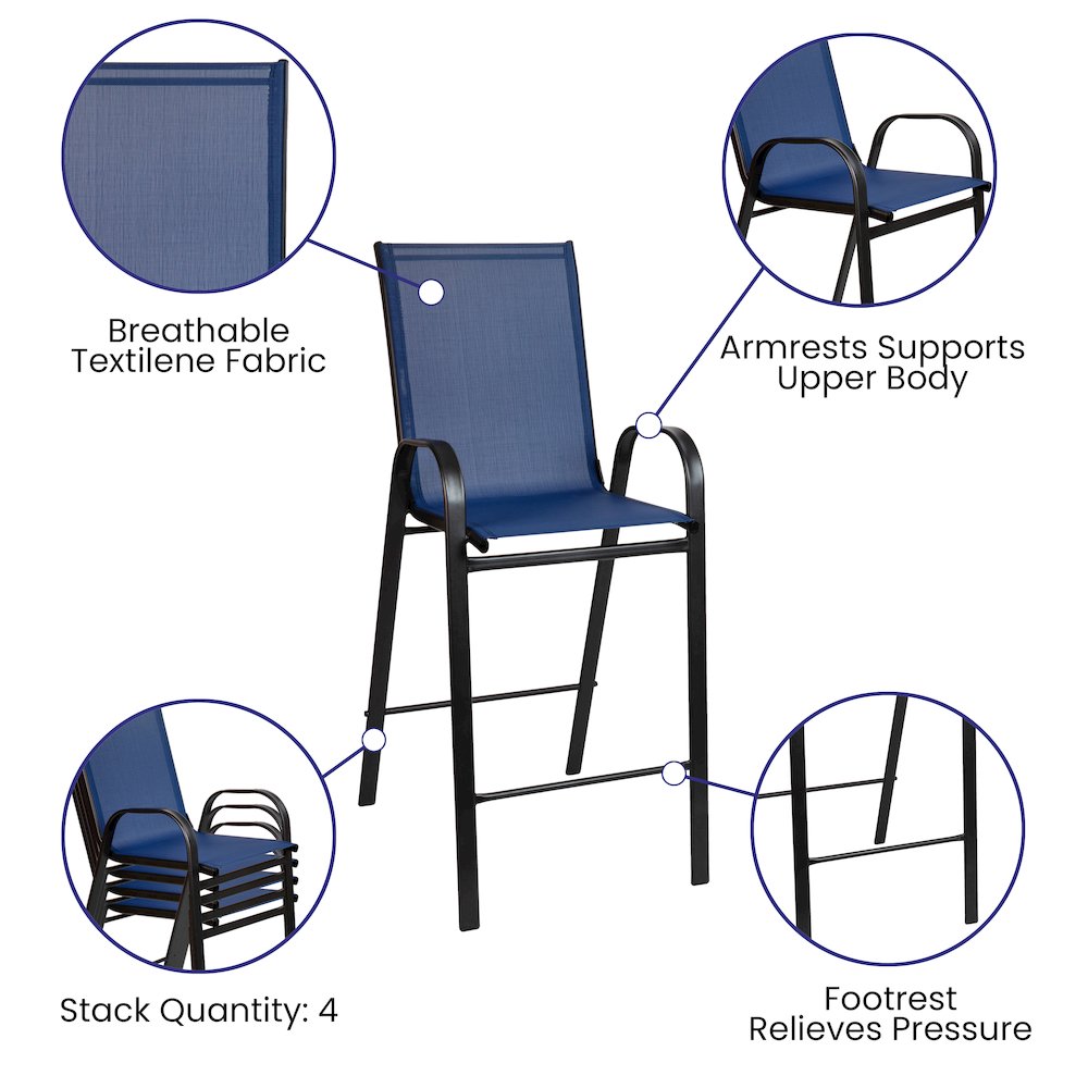 Dining Set – 2-Person Bistro Set – Brazos Glass Bar Table with Navy Patio Stools