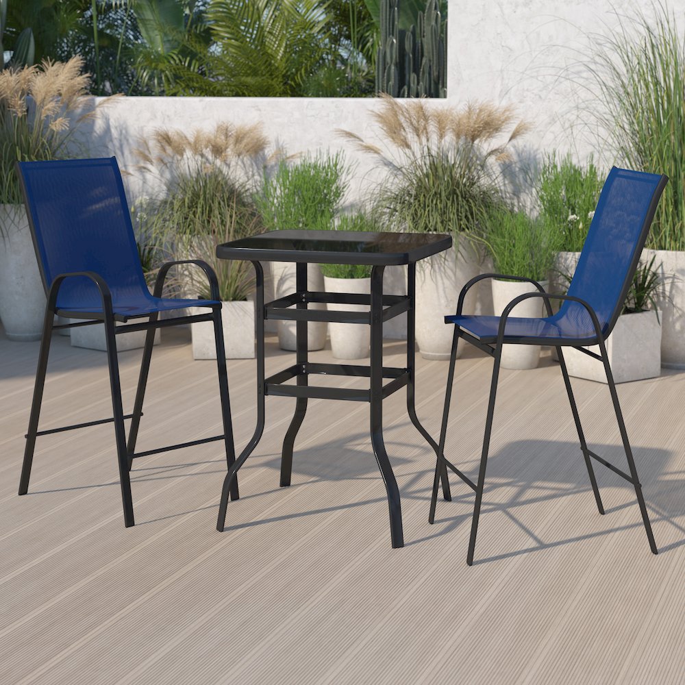 Dining Set – 2-Person Bistro Set – Brazos Glass Bar Table with Navy Patio Stools