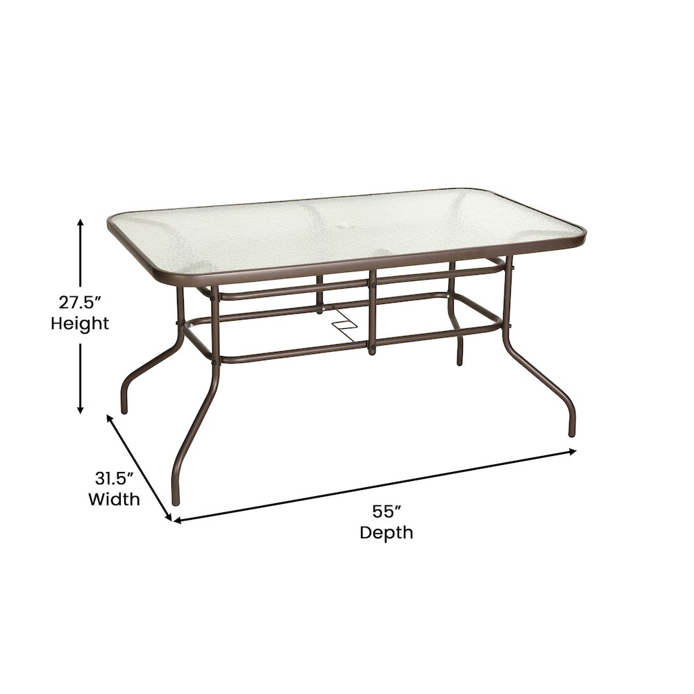 31.5″ x 55″ Bronze Rectangular Tempered Glass Metal Table with Umbrella Hole