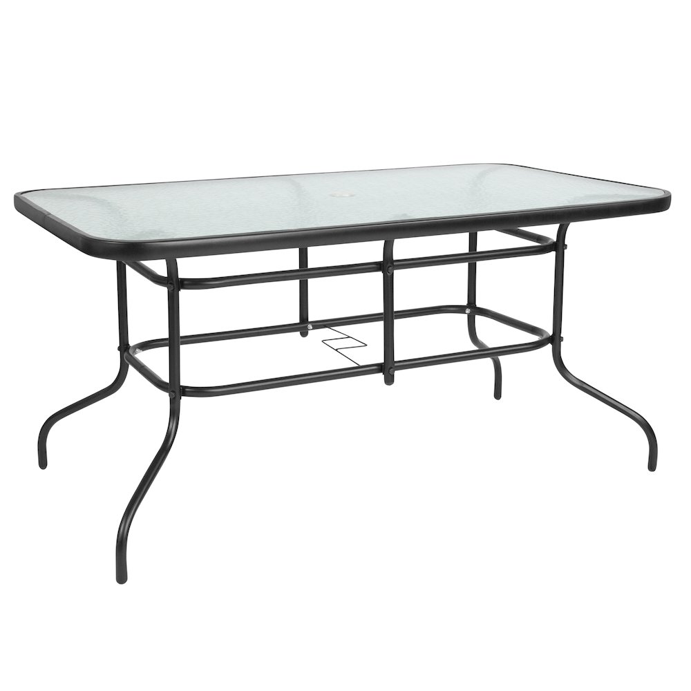 31.5″ x 55″ Rectangular Tempered Glass Metal Table with Umbrella Hole