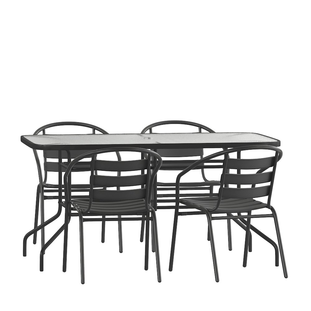 5 Piece Set – 55″ Tempered Glass Patio Table – 4 Black Metal Chairs