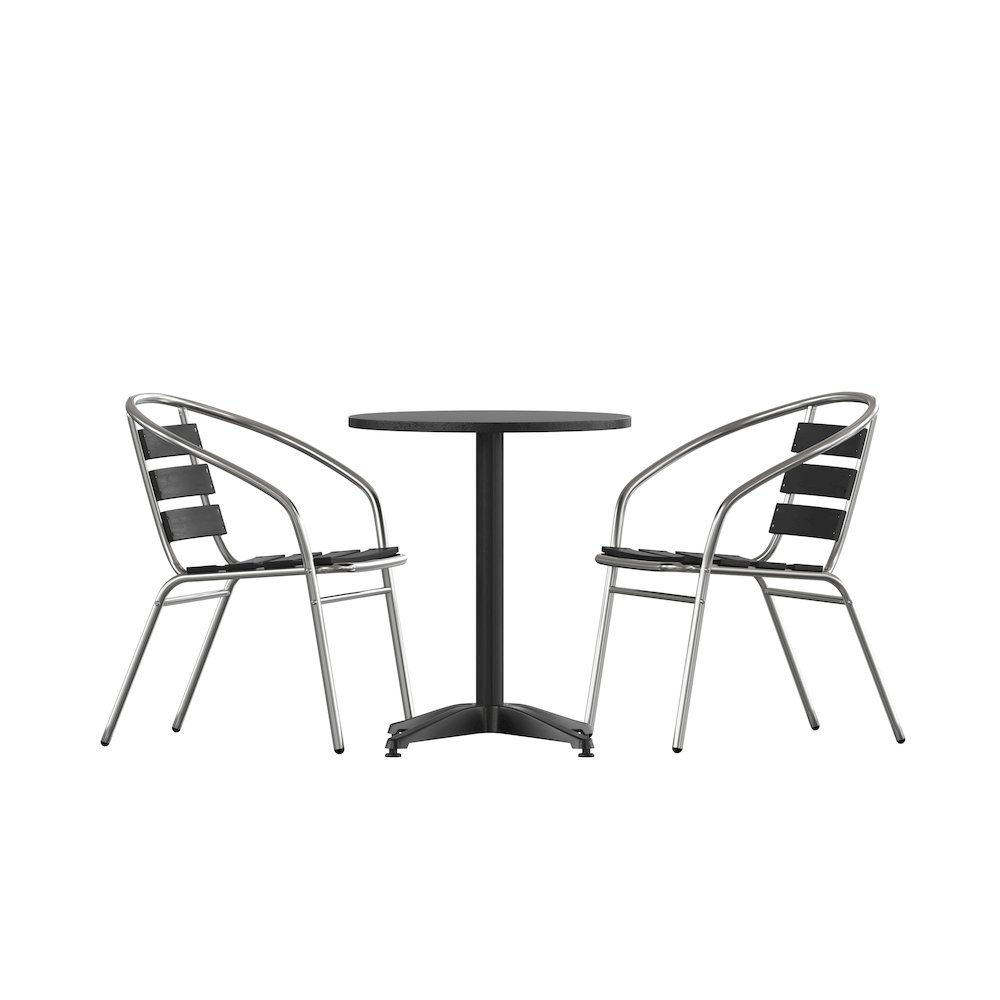 Lila 23.5” Black Round Aluminum Table Set with 2 Black Slat Back Chairs