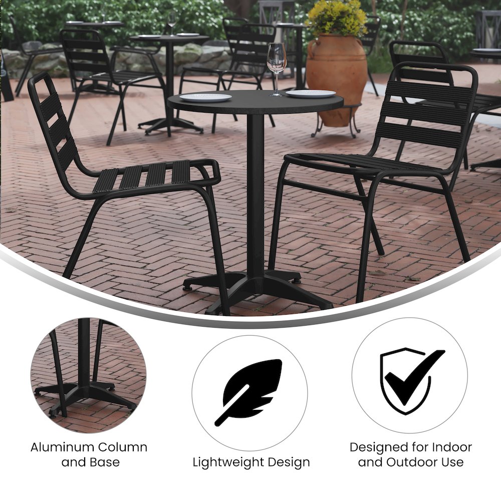 Lila 23.5” Black Round Aluminum Table Set with 2 Black Slat Back Chairs