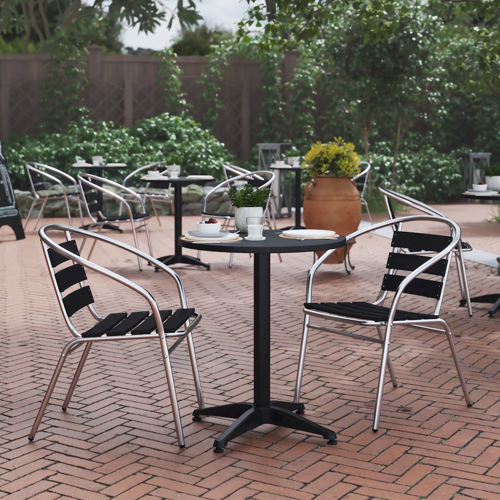Lila 23.5” Black Round Aluminum Table Set with 2 Black Slat Back Chairs