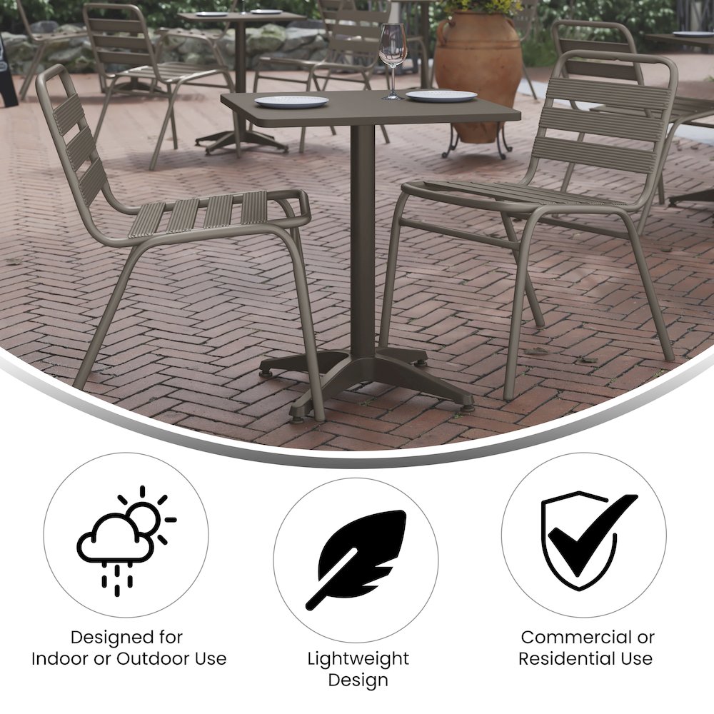 Lila 23.5” Black Square Aluminum Table Set with 2 Black Slat Back Chairs