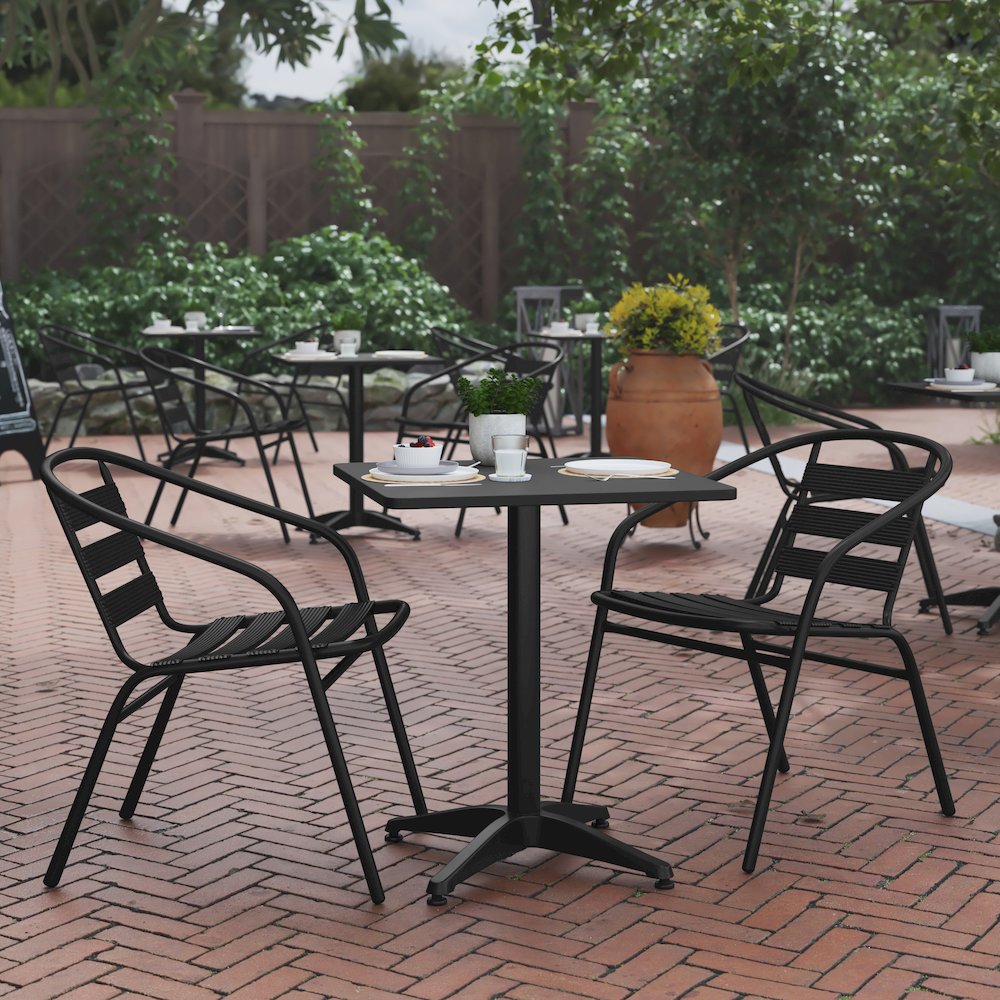 Lila 23.5” Black Square Aluminum Table Set with 2 Black Slat Back Chairs