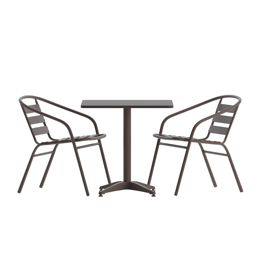 Lila 23.5” Bronze Square Aluminum Table Set with 2 Bronze Slat Back Chairs