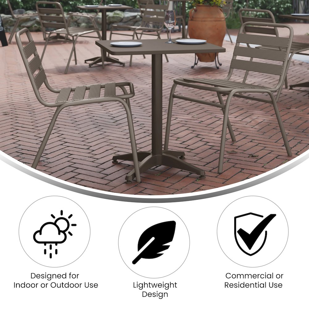 Lila 23.5” Bronze Square Aluminum Table Set with 2 Bronze Slat Back Chairs