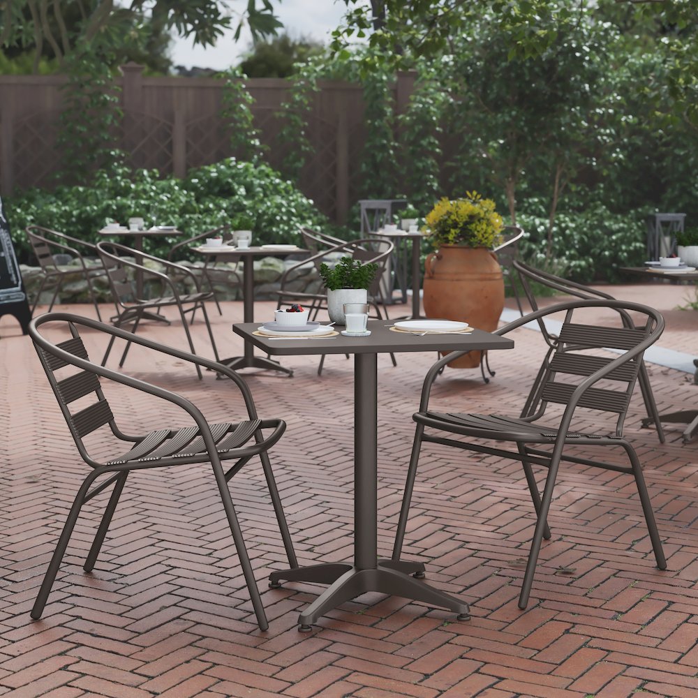 Lila 23.5” Bronze Square Aluminum Table Set with 2 Bronze Slat Back Chairs