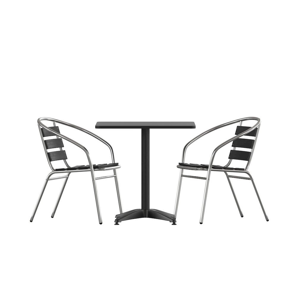 Lila 27.5” Black Square Aluminum Table Set with 2 Black Slat Back Chairs