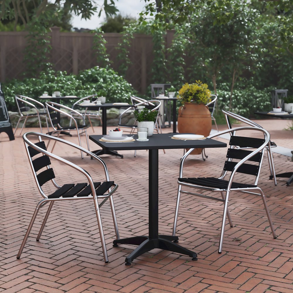 Lila 27.5” Black Square Aluminum Table Set with 2 Black Slat Back Chairs