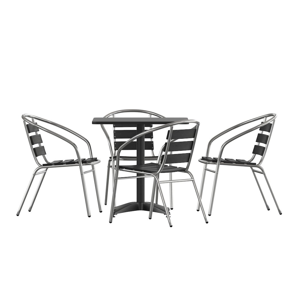 Lila 27.5” Black Square Aluminum Table Set with 4 Black Slat Back Chairs