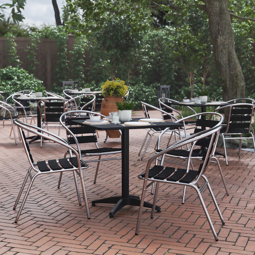 Lila 27.5” Black Square Aluminum Table Set with 4 Black Slat Back Chairs