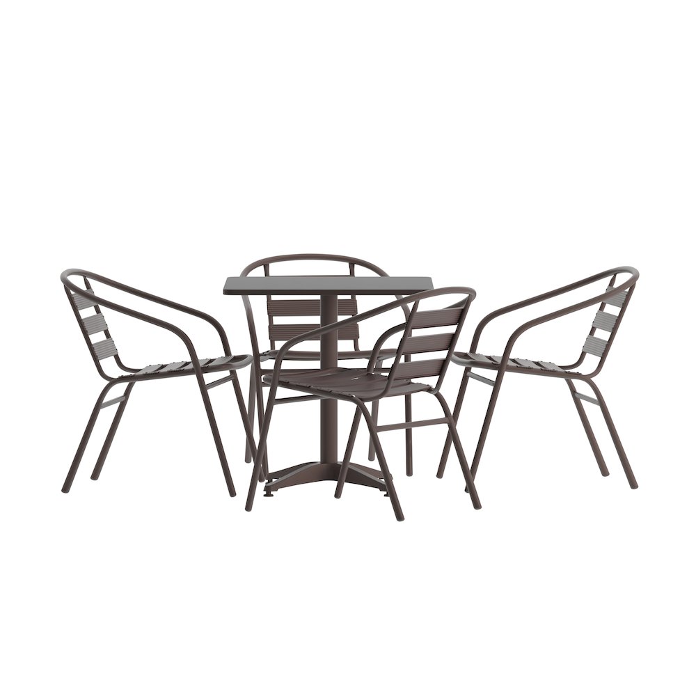 Lila 27.5” Bronze Square Aluminum Table Set with 4 Bronze Slat Back Chairs