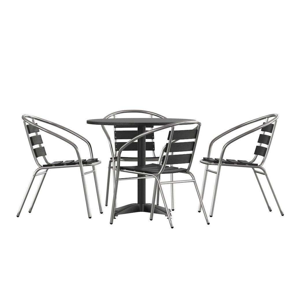 Lila 31.5” Black Round Aluminum Table Set with 4 Black Slat Back Chairs