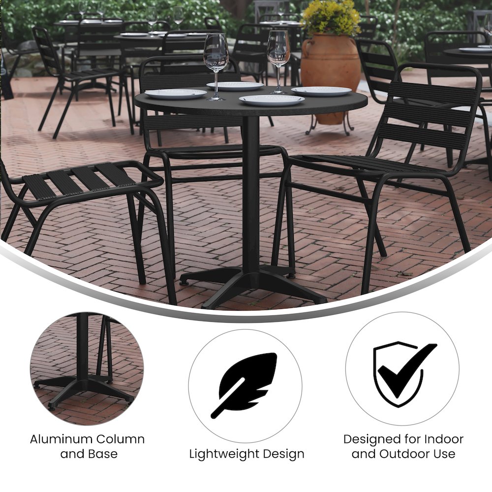 Lila 31.5” Black Round Aluminum Table Set with 4 Black Slat Back Chairs