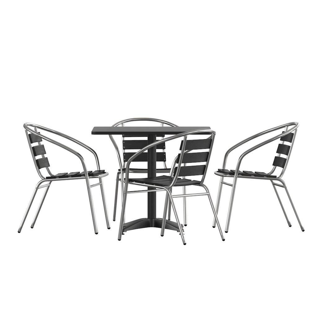 Lila 31.5” Black Square Aluminum Table Set with 4 Black Slat Back Chairs