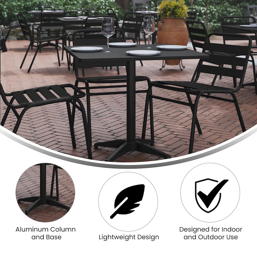 Lila 31.5” Black Square Aluminum Table Set with 4 Black Slat Back Chairs