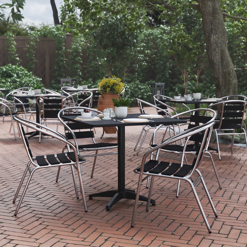 Lila 31.5” Black Square Aluminum Table Set with 4 Black Slat Back Chairs