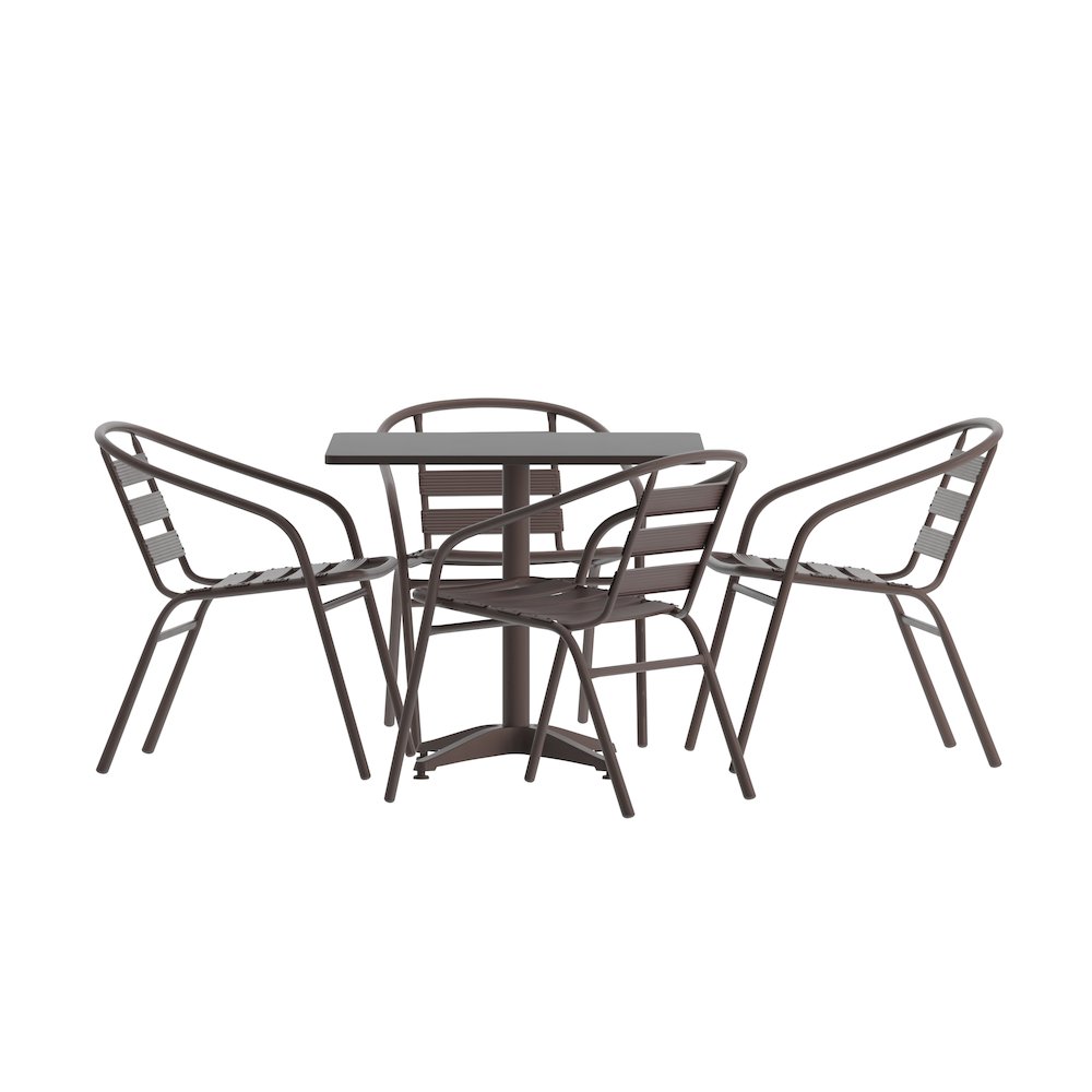 Lila 31.5” Bronze Square Aluminum Table Set with 4 Bronze Slat Back Chairs