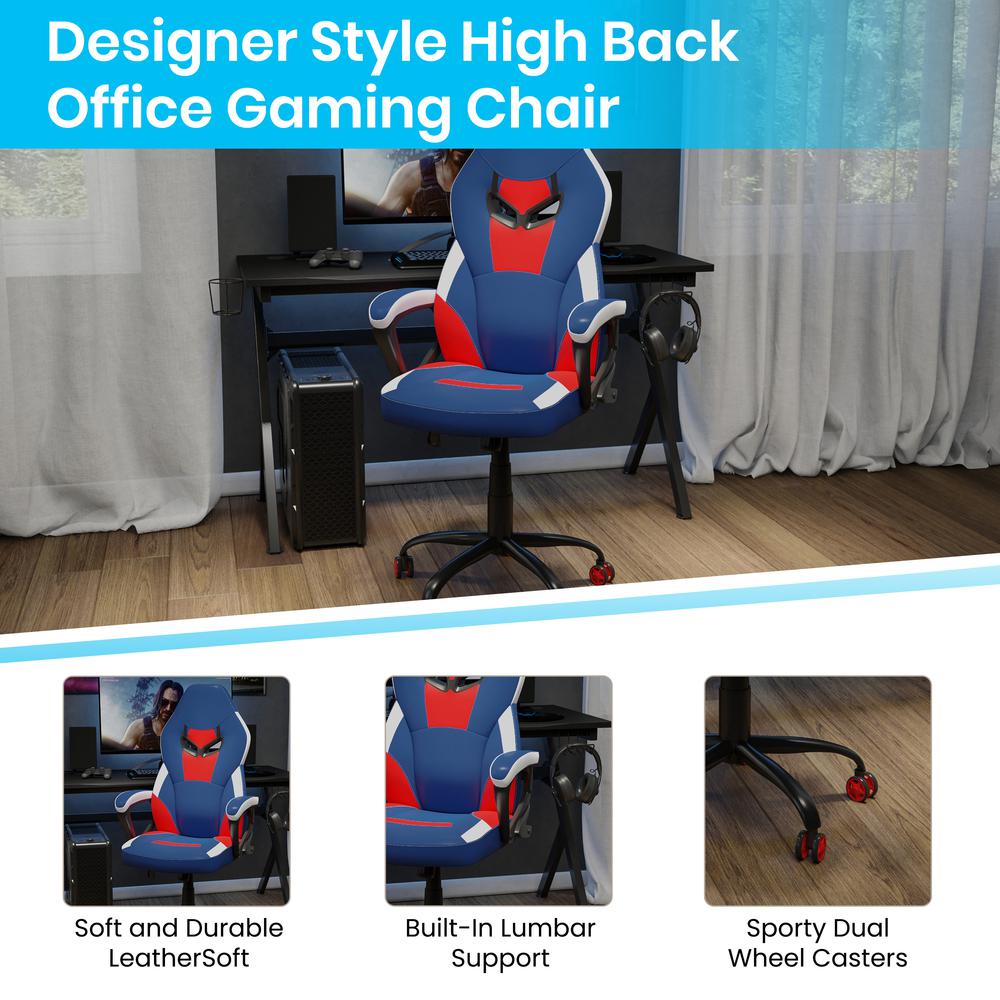 Blue Gaming Chair – 360° Swivel – Red Dual Wheel Casters