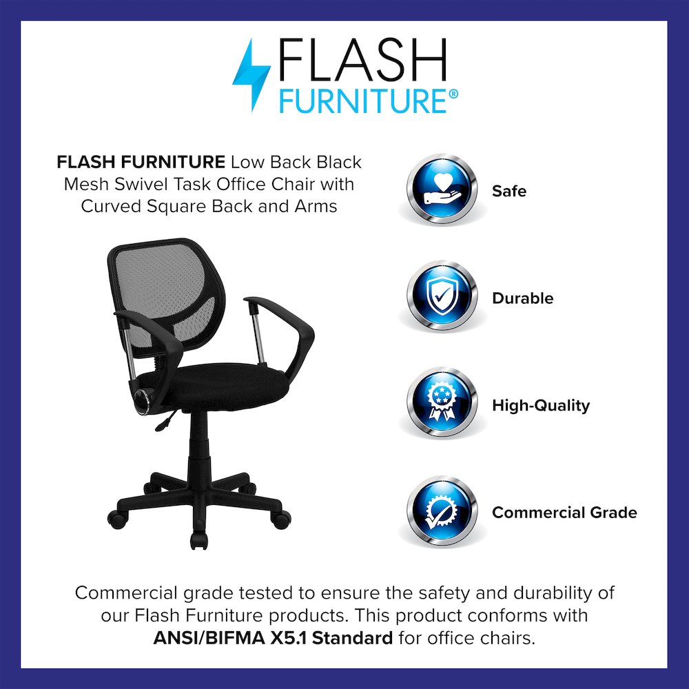 Low Back Black Mesh Swivel Task Office Chair with Curved Square Back and Arms
