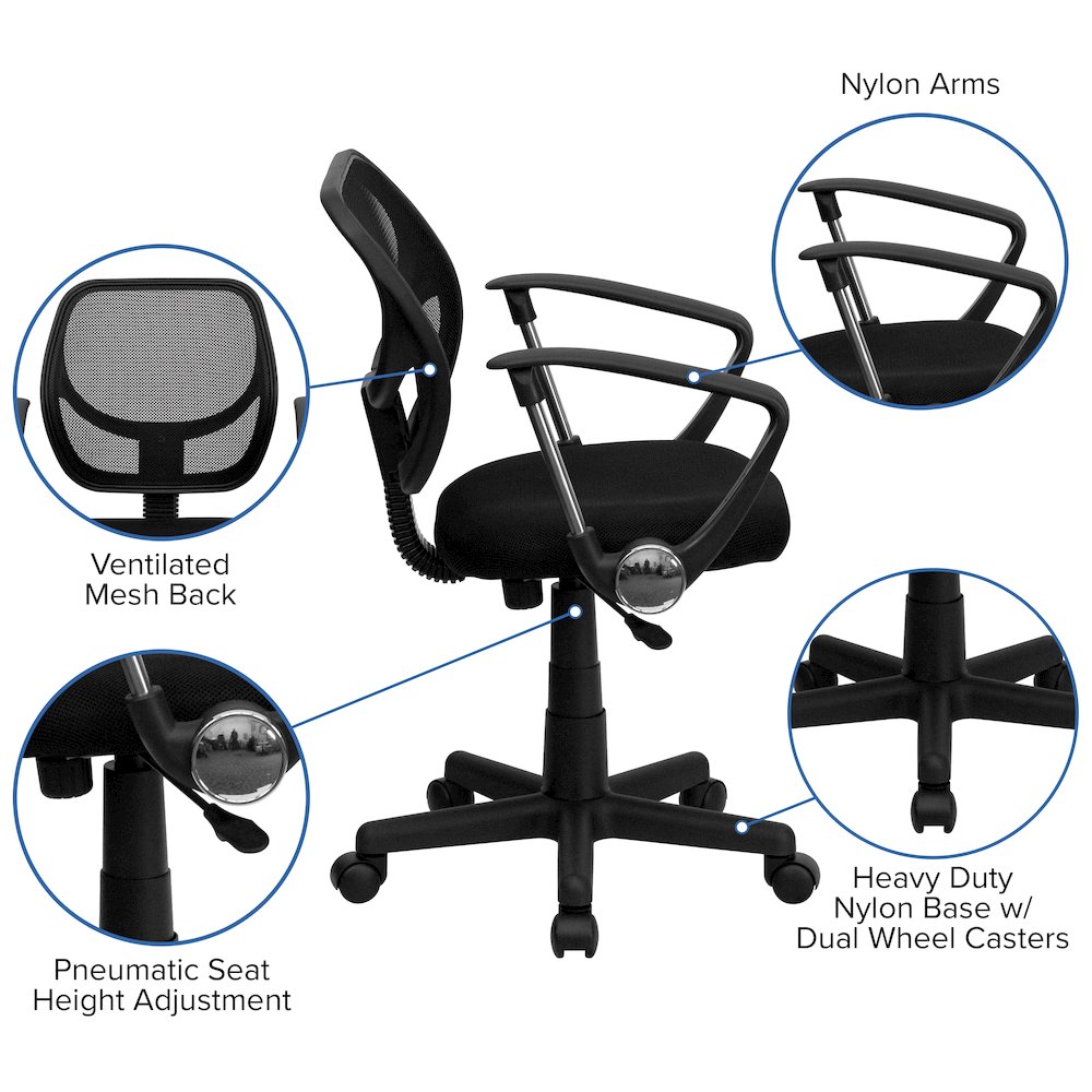 Low Back Black Mesh Swivel Task Office Chair with Curved Square Back and Arms