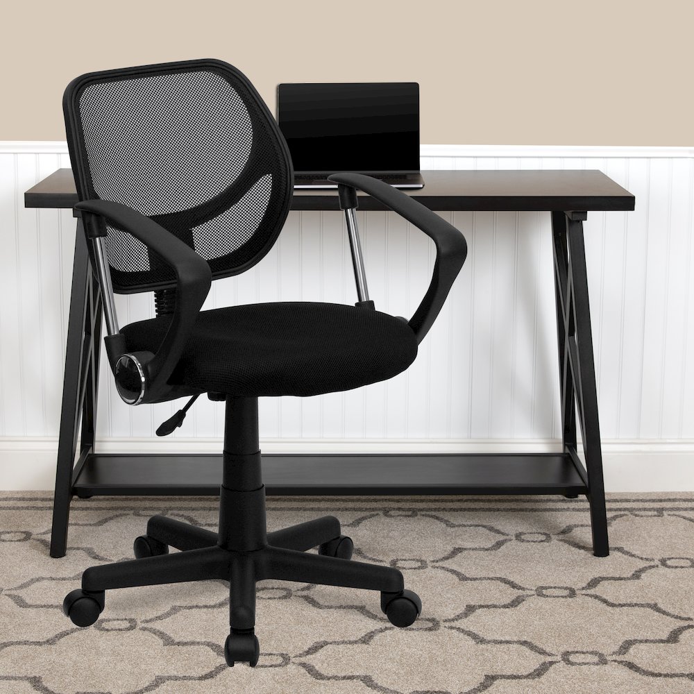 Low Back Black Mesh Swivel Task Office Chair with Curved Square Back and Arms