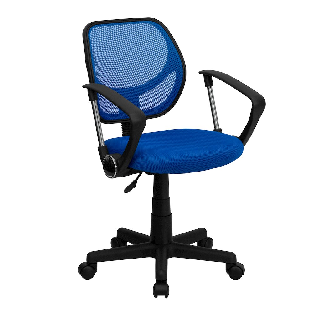 Low Back Blue Mesh Swivel Task Office Chair with Curved Square Back and Arms