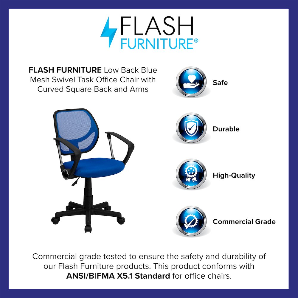 Low Back Blue Mesh Swivel Task Office Chair with Curved Square Back and Arms