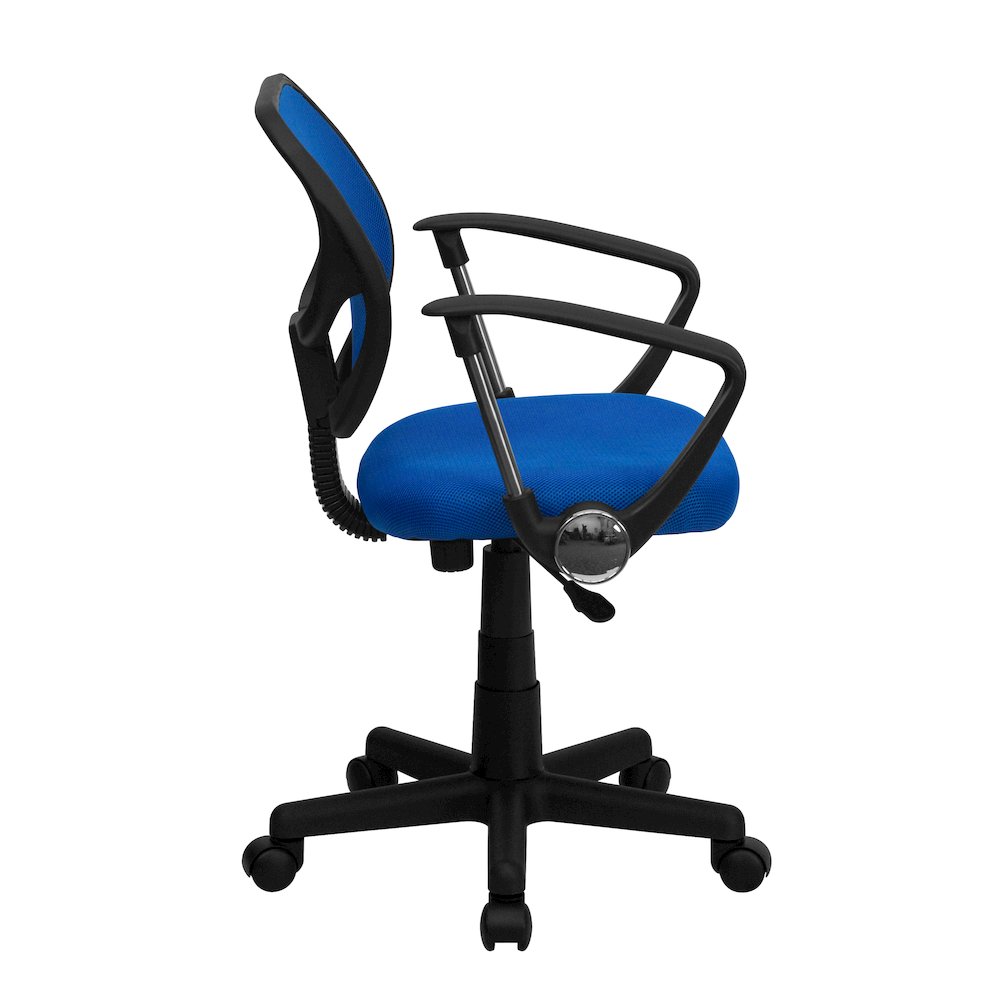 Low Back Blue Mesh Swivel Task Office Chair with Curved Square Back and Arms