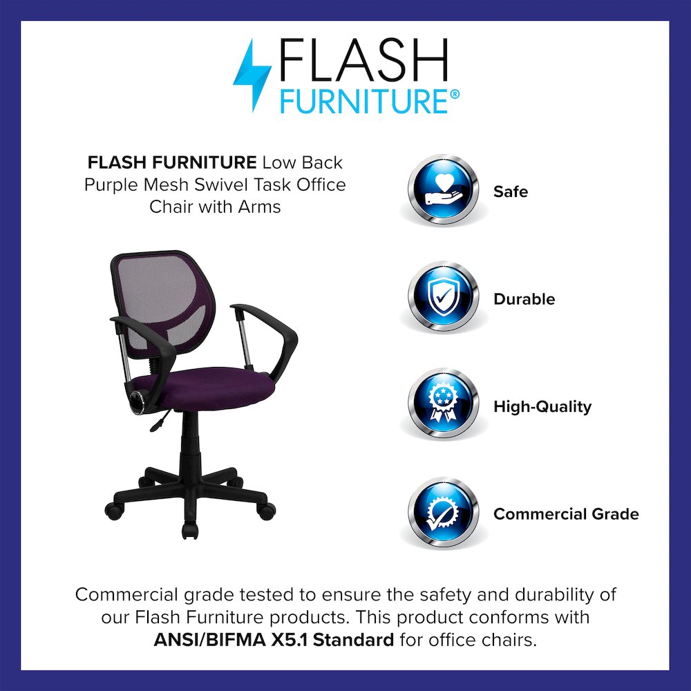 Low Back Purple Mesh Swivel Task Office Chair with Arms