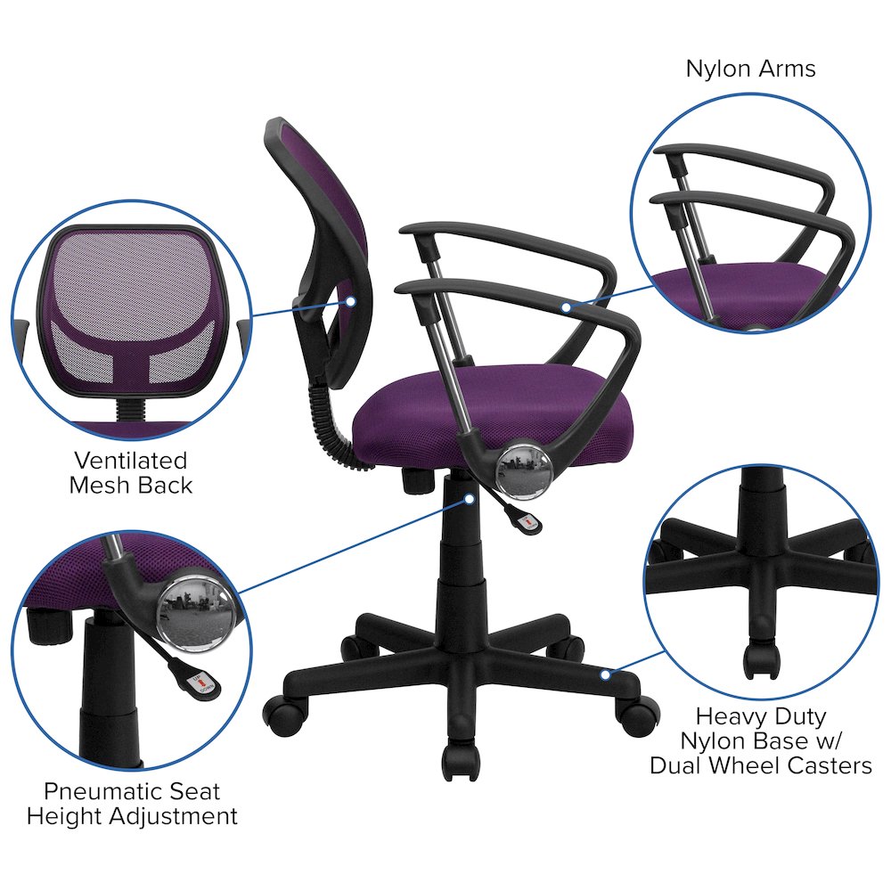 Low Back Purple Mesh Swivel Task Office Chair with Arms