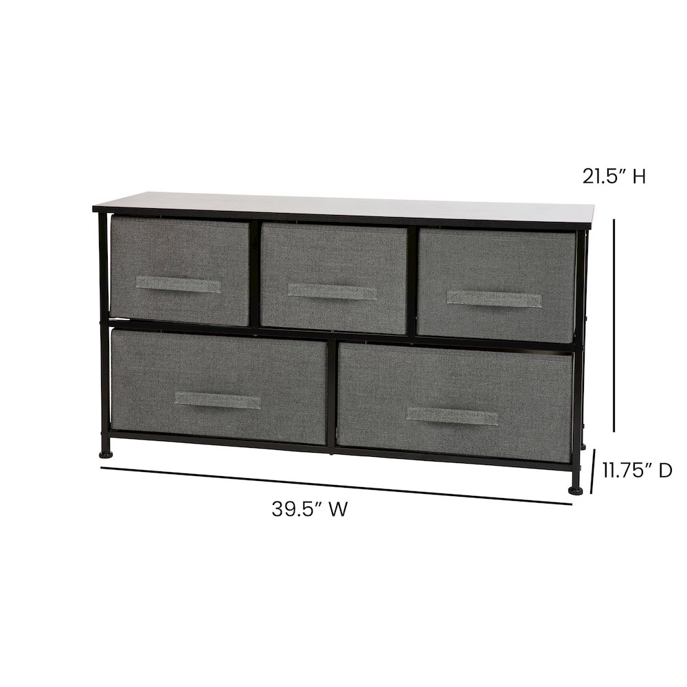 5 Drawer Wood Top BlackFrame Vertical Storage Dresser with Dark Gray Drawers