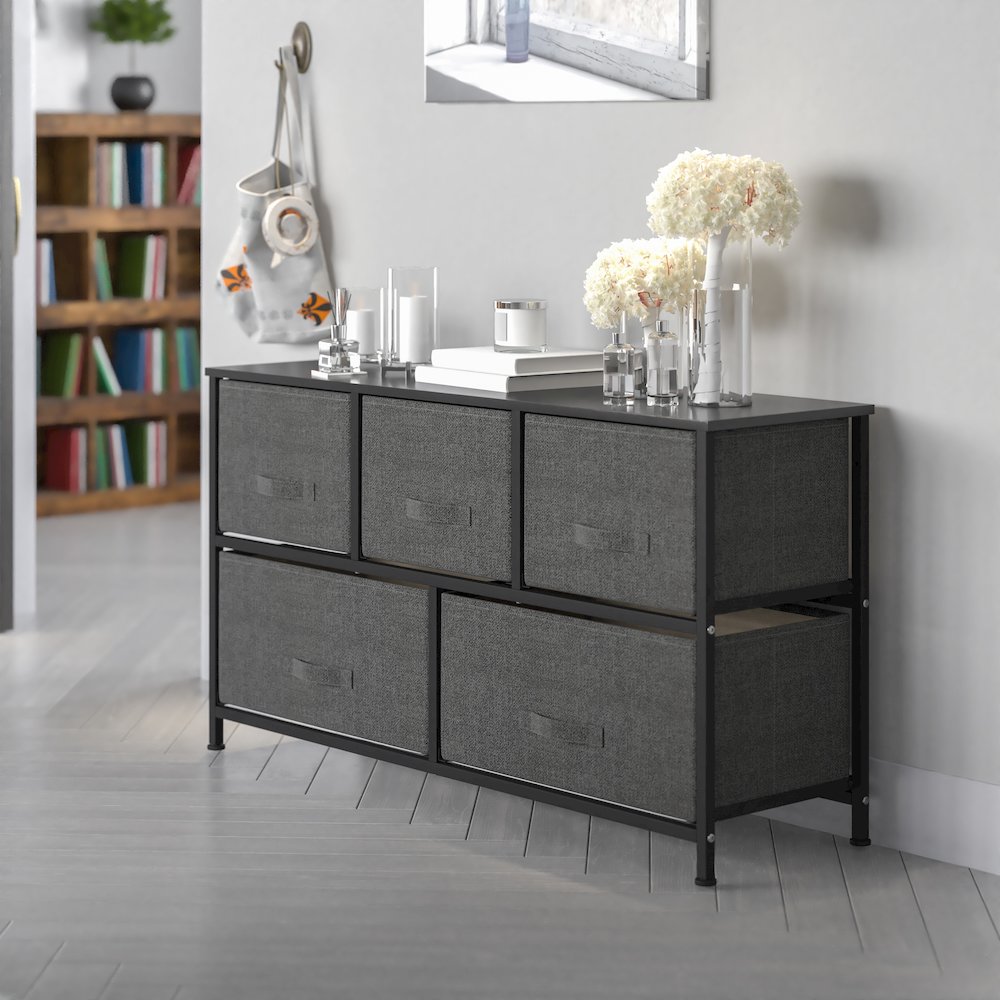 5 Drawer Wood Top BlackFrame Vertical Storage Dresser with Dark Gray Drawers