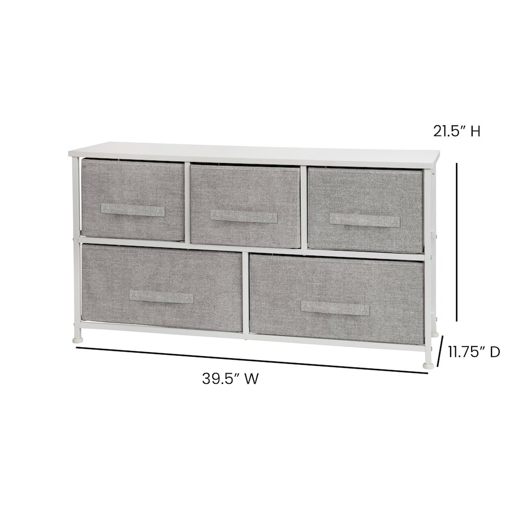 5 Drawer Wood Top WhiteFrame Vertical Storage Dresser with Light Gray Drawers