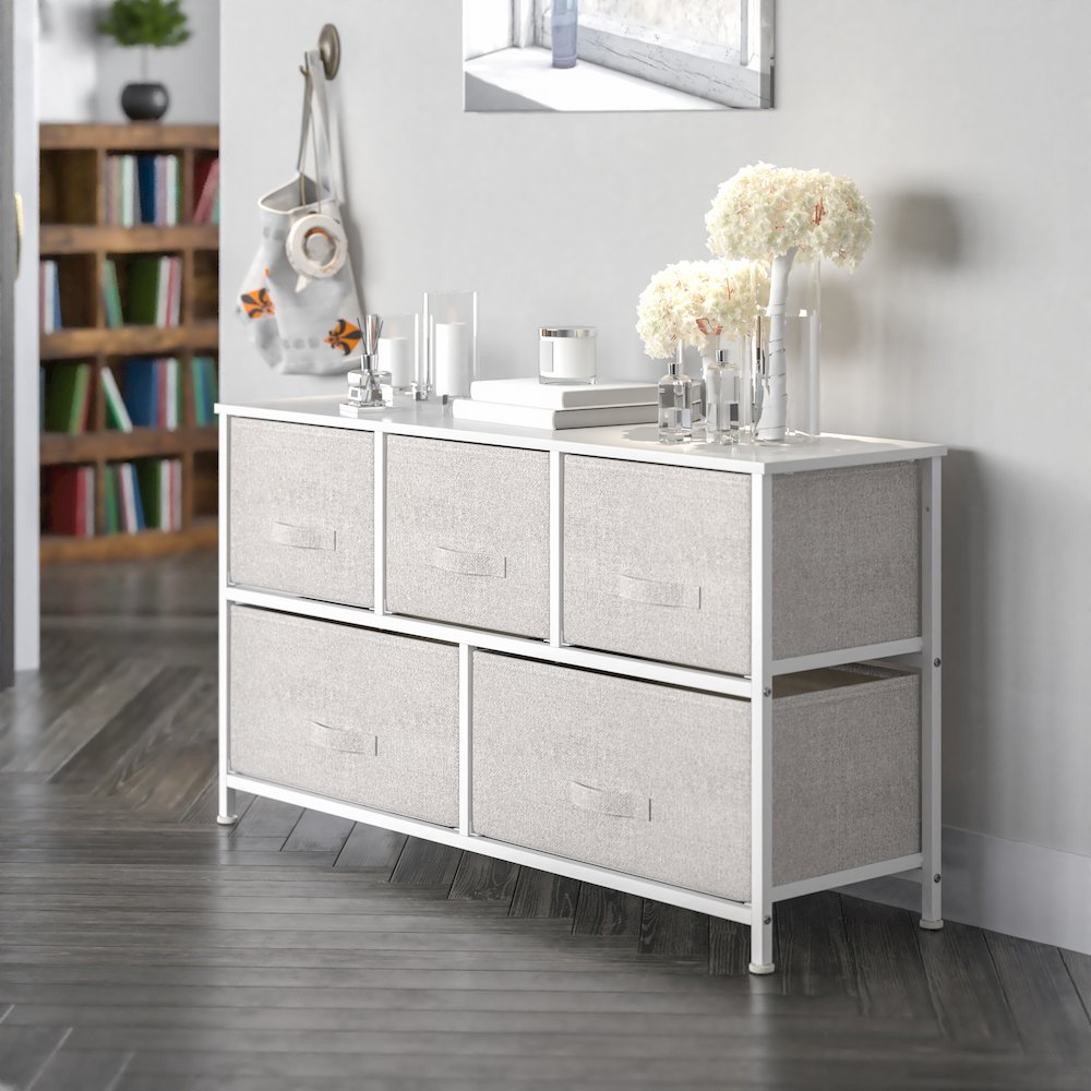 5 Drawer Wood Top WhiteFrame Vertical Storage Dresser with Light Gray Drawers